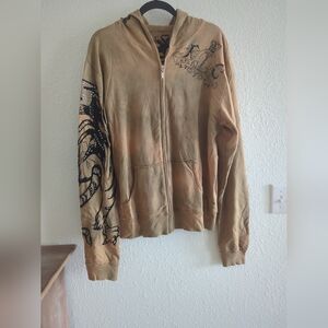 KEY CLOSET Zip Iconic  Hoody/Jacket with Tribal Tiger Print Ecru Tan Large